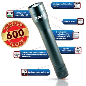 DEDRA CREE XML T6 LED zseblámpa, alu burkolat, 3xC elem, 600lm, IP54