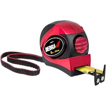 DEDRA 3m/16mm mérőszalag, piros, automata blokkolás, mágnes, kétoldalas szalag, gumi borítás + króm, nylon, bliszter