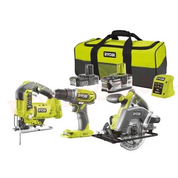 Ryobi R18DDJSCSP-242S akku erőcsomag R18DD2 18 V fúró-csavarozó, R18CSP körfűrész, R18JS  18V szúrófűrész, 1 db 4.0 Ah és 1 db 2.0 Ah akku, töltő, táska